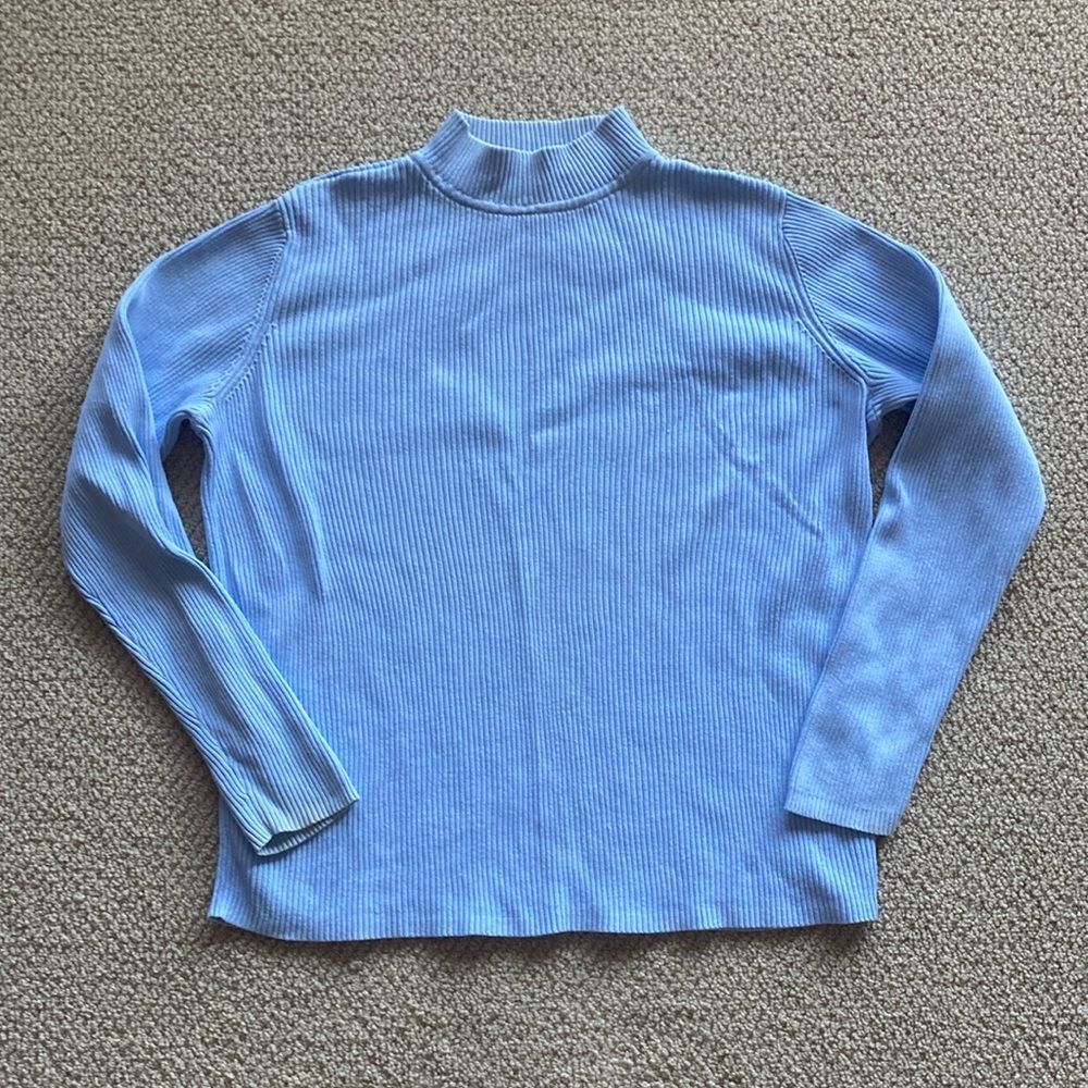 Karen Scott Mock Neck Sweater Pale Blue Medium Pullover Ribbed Long Sleeve EUC